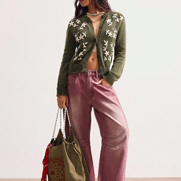 Olive Green Casual Women's Floral Embroidered Button-Up Cardigan - Picture 1 of 8